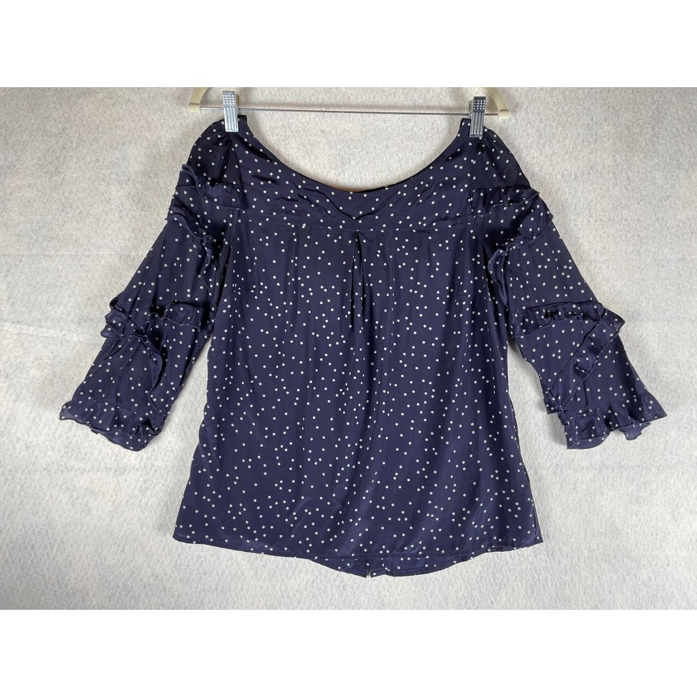 Anthropologie Maeve 100% Silk Polka Dot Ruffle Sleeve‎ Blouse Navy Blue